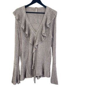FREE PEOPLE Y2K METALLIC LOOSE KNIT BELL SLEEVE RUFFLE NECK TUNIC TOP MEDIUM